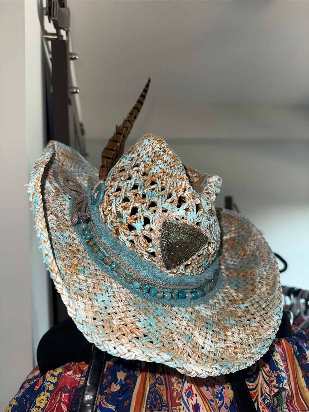 Handwoven Turquoise & Natural Straw Cowboy Hat with Beaded Trim
